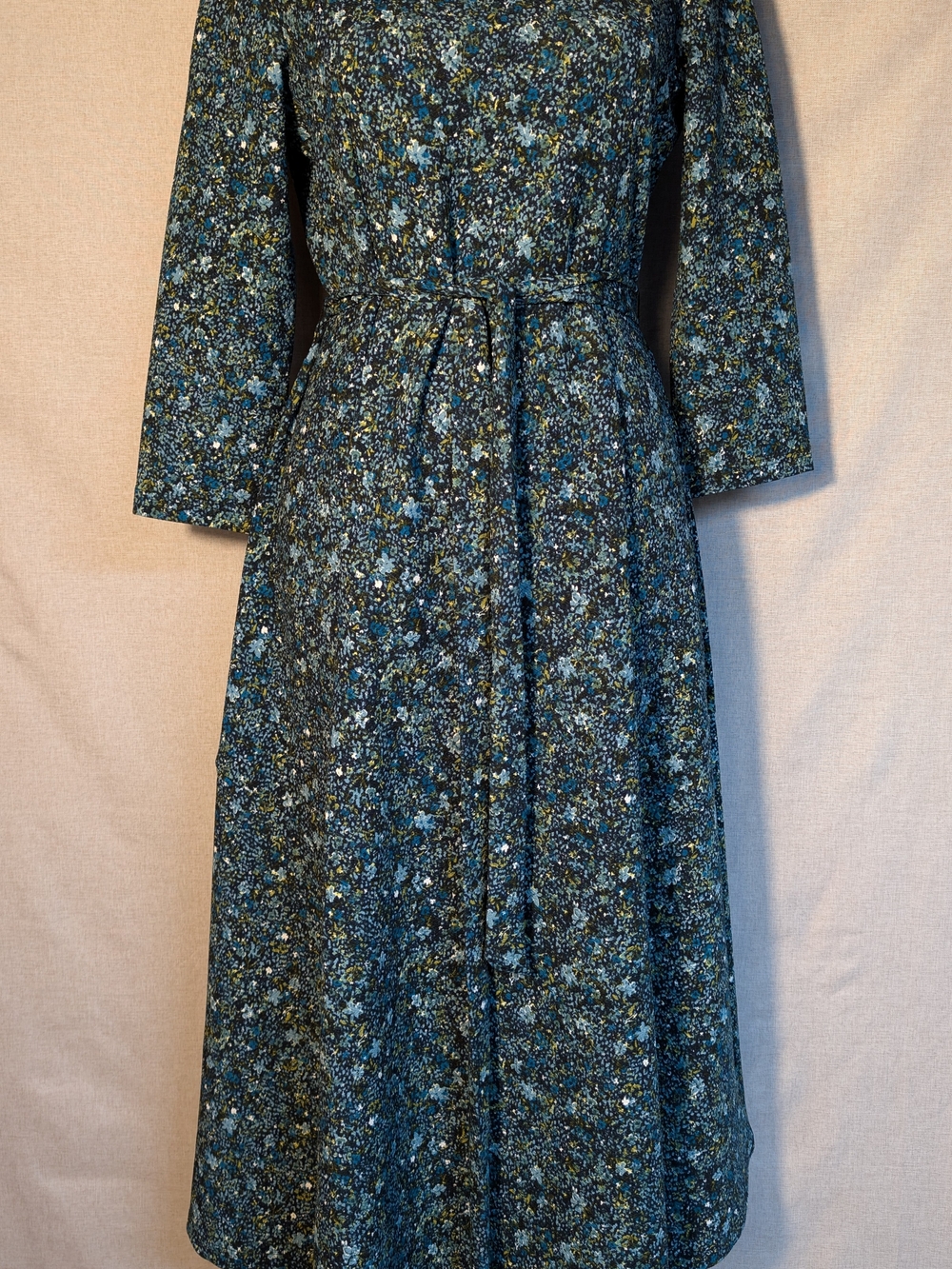 Nina Leonard Green Floral Midi Dress with Tie Waist 3/4 Sleeves